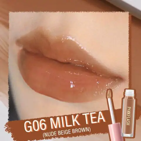 Pink Flash L02 G06 Milk Tea lip gloss tube, clear packaging, shiny rose gold cap.