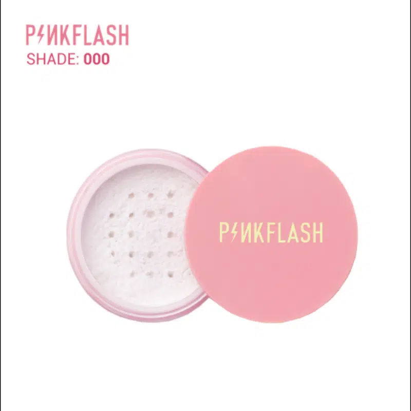 Pink Flash Matte Loose powder, clear round container, vibrant pink cap, includes soft white puff.