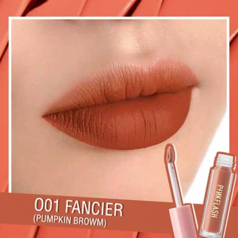 Pink Flash Melting Matte Lipstick 001 in sleek black waterproof tube packaging, standing upright.
