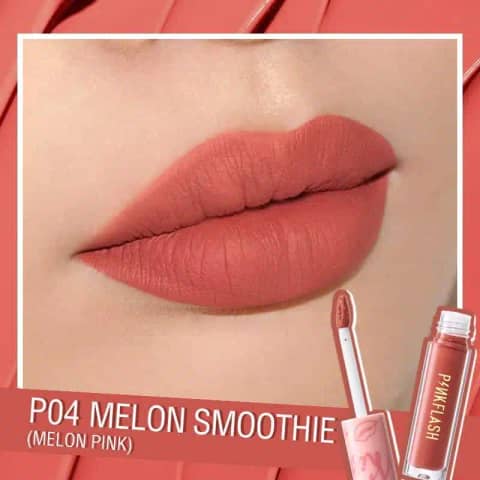Pink Flash Melting Matte Waterproof Lipstick P04 in sleek black tube with extended terracotta-brown bullet.