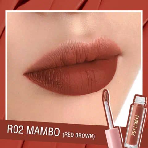 Pink Flash Melting Matte Lipstick R02, vibrant pink shade, tube with cap off, white background.