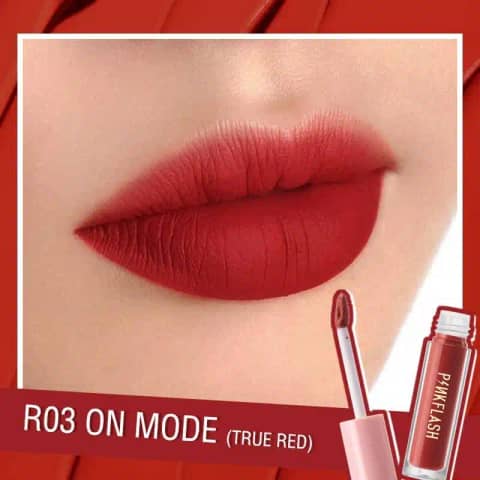 Pink Flash Melting Matte Lipstick R03 in sleek black tube, clear cap showcasing vibrant pink shade.