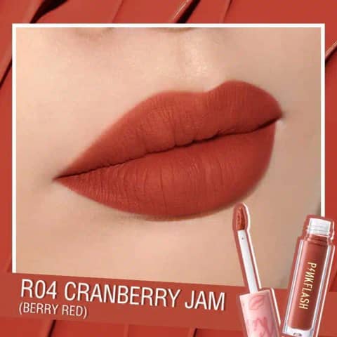 Pink Flash Melting Matte Waterproof Lipstick R04, sleek rose gold tube with black cap, standing upright.
