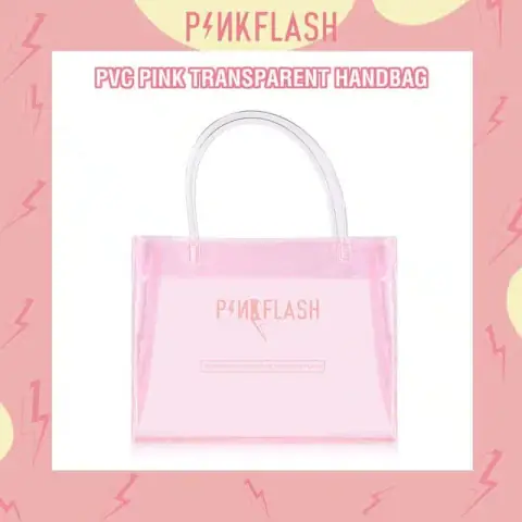 Pink Flash glossy pink plastic handbag featuring a top handle, shoulder strap, and visible brand logo.