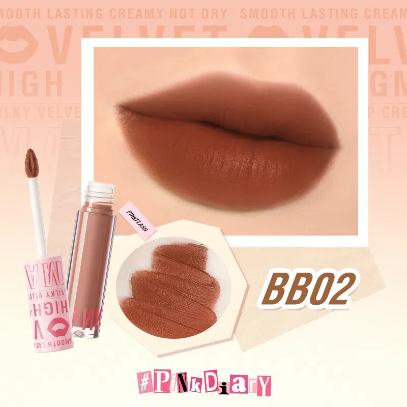 Pink Flash Silky Velvet Lip Cream L04 standing upright with applicator pulled out, showcasing peachy nude shade.
