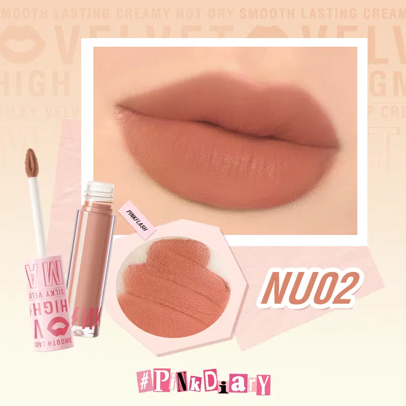 Pink Flash Silky Velvet Lip Cream L04-NU02, full nude-pink tube with clear cap, standing upright.