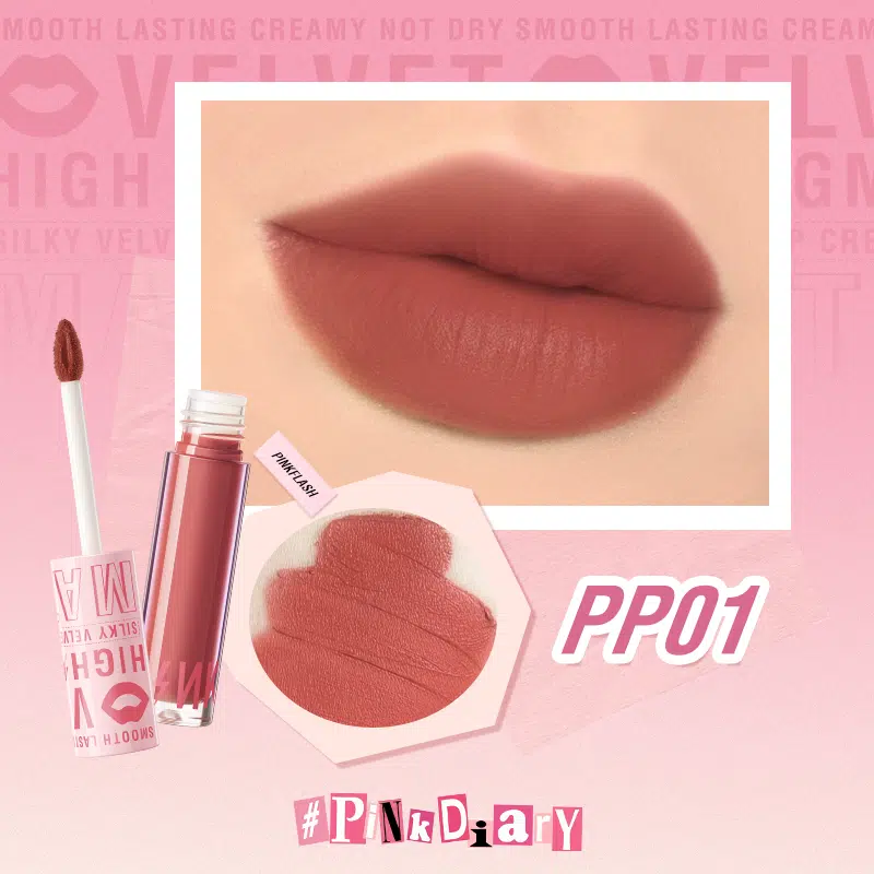 Pink Flash Silky Velvet Lip Cream L04, frosted pink tube with shiny silver cap, upright.