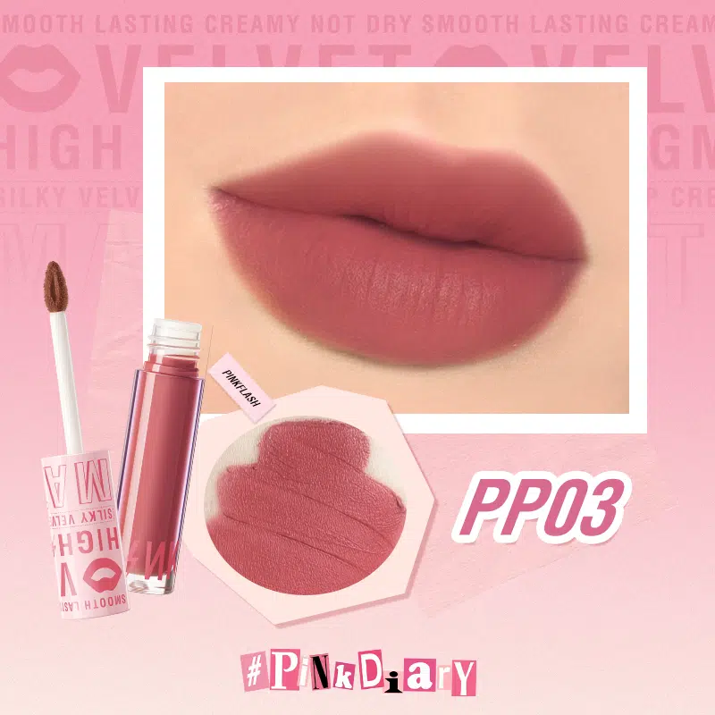 Pink Flash Silky Velvet Lip Cream L04-PP03 in sleek peach-pink packaging, standing upright.