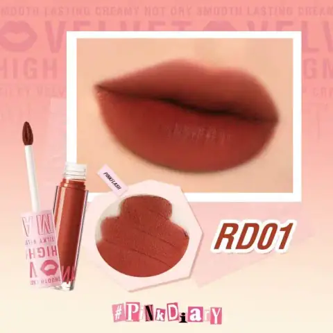 Pink Flash Silky Velvet Lip Cream RD01 tube standing upright, matte pink packaging with applicator.