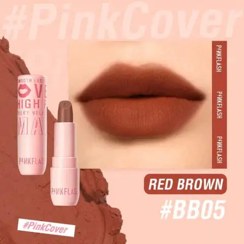 Pink Flash Silky Velvet Matte Lipstick L05 BB05, sleek matte pink tube showing deep berry color.