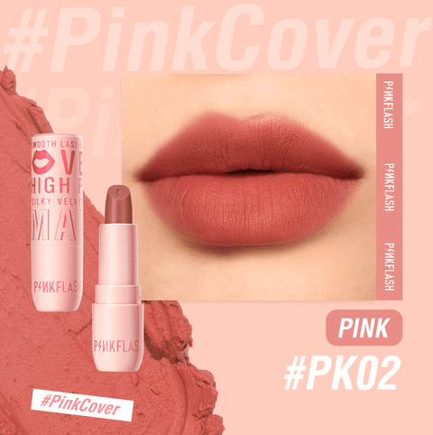 Pink Flash Silky Velvet Matte Lipstick L05 PK02 in sleek black packaging, standing upright.
