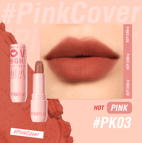 Pink Flash Silky Velvet Matte Lipstick PK03 tube, sleek black packaging, standing upright.