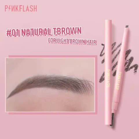 Two Pink Flash Waterproof Auto Eyebrow Pencils in light pink packaging showcasing the 01 Natural Brown shade.