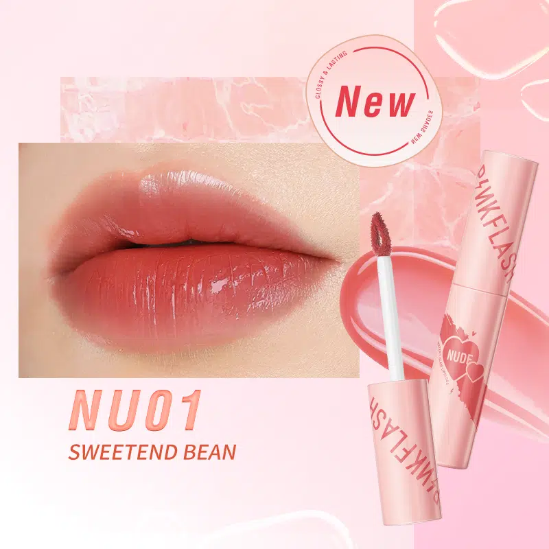 Pink Flash Watery Glam Lip Gloss L09 "Sweetened Bean" shade in clear tube with rose gold cap.