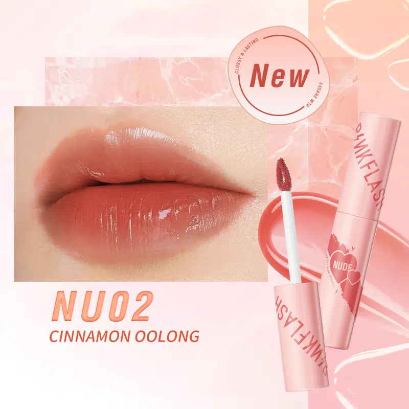 Pink Flash Watery Glam Lip Gloss L09 in Cinnamon Oolong, clear tube standing upright.