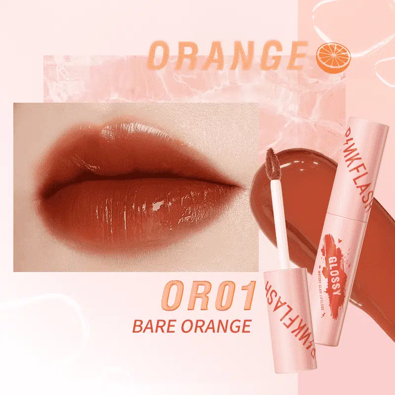 Pink Flash Watery Glam Lip Gloss L09 in Bare Orange, clear tube with silver cap, standing upright.