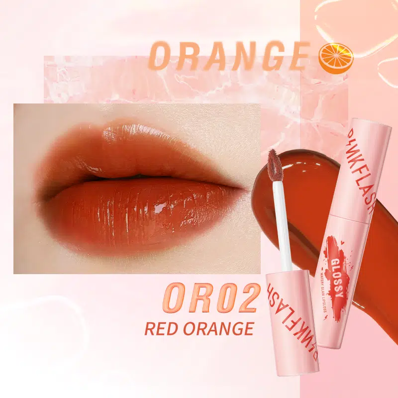 Pink Flash Watery Glam Lip Gloss L09 Or02 Red Orange in clear tube with black cap.