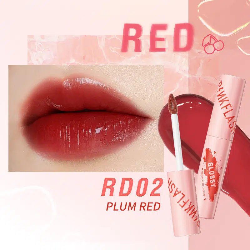 Pink Flash Watery Glam Lip Gloss L09 Rd02 Plum Red standing, showing clear tube and applicator.