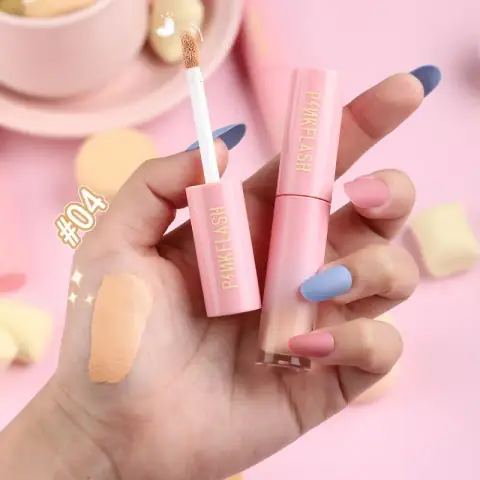 Pink Flash Lasting Matte Concealer Shade 04 with doe-foot applicator extended from clear tube.