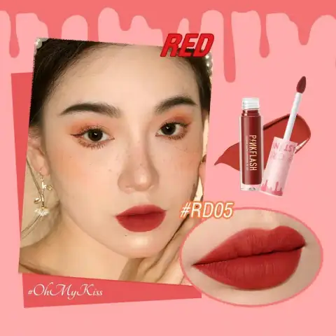 Two PinkFlash Matte Lipstick PFL01 tubes, sleek black, showing RD05 deep red shade.