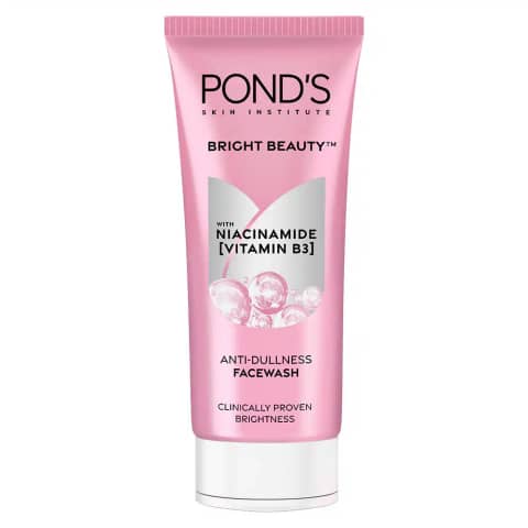 Ponds Bright Beauty Vitamin B3 face wash 100g, white tube with pink details, standing upright.