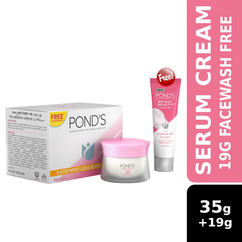 Ponds Bright Beauty Serum Cream in a pink jar with a free pink facewash tube, displayed together.