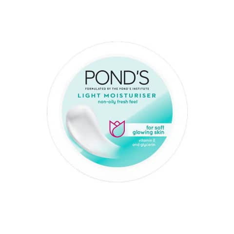 Ponds Light Moisturiser with Vitamin E 50ml jar, front view, pink cap, white body.