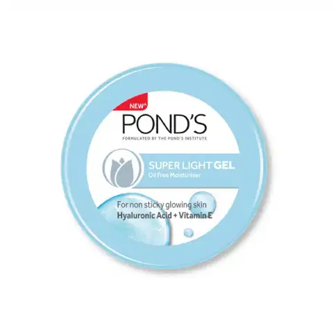 Ponds Super Light Gel Moisturiser 147gm jar, clear front view, light blue with white lid.