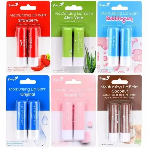 Three Pretty Moisturising Lip Balms, pink, green, and purple, standing upright.