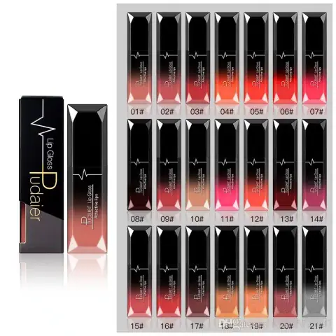 Three Pudaier liquid lip gloss lipsticks featuring clear tubes, shiny gold caps, and vibrant red color.
