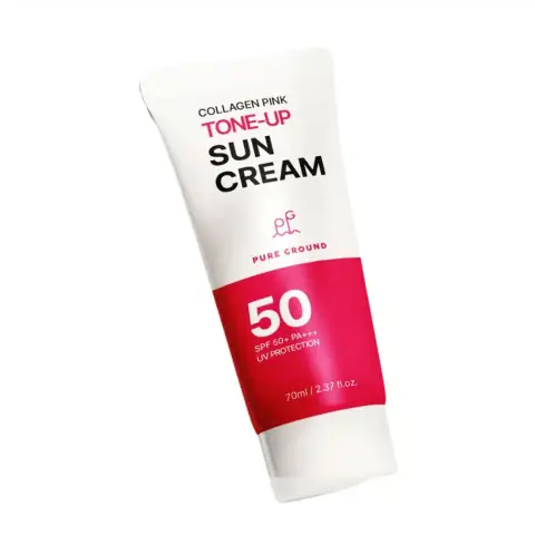 Pure Ground Collagen Pink Tone-Up Sun Cream SPF50+ 70ml, white tube, vibrant pink cap.