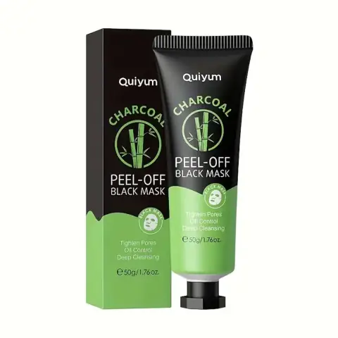 Quiyum Charcoal Blackhead Remover Peel-off Mask in a sleek black and silver 50gm tube.
