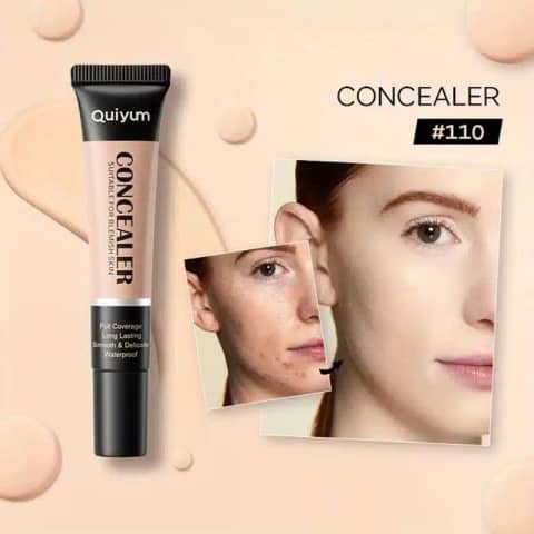 Quiyum Full Coverage Concealer, Ivory 110 shade, showcasing sleek tube and creamy doe-foot applicator.
