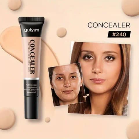 Quiyum Full Coverage Concealer tube, natural beige packaging, standing upright with white cap.
