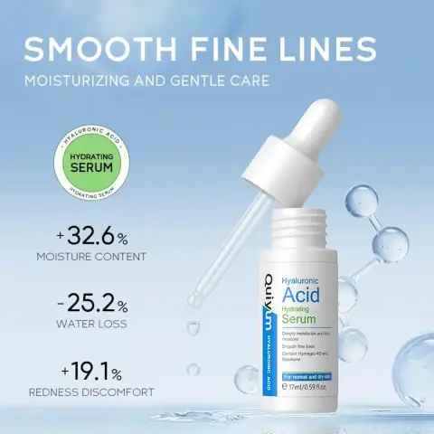 Quiyum Hyaluronic Acid Serum 17ml clear glass bottle with silver dropper, standing upright.