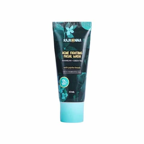 Rajkonna Acne Fighting Facial Wash 15ml in a compact white and green squeeze tube, standing upright.