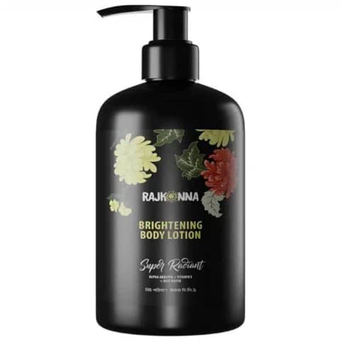 Rajkonna Brightening Body Lotion in a sleek white pump bottle with vibrant pink-purple label.