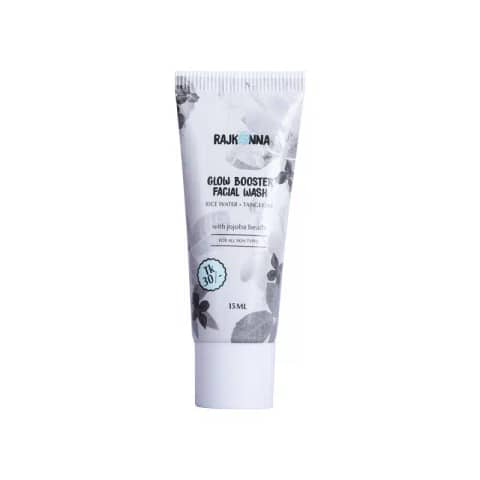 Rajkonna Glow Booster Facial Wash 15ml tube, pump dispenser, visible green and gold branding.