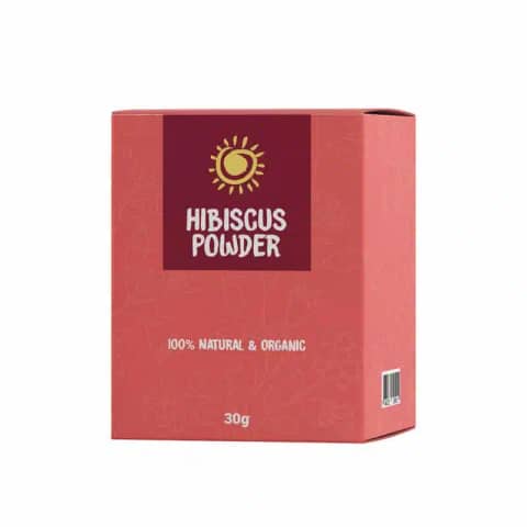 Rajkonna Hibiscus Powder 30g in its vibrant white stand-up pouch, prominent pink hibiscus flower graphic.