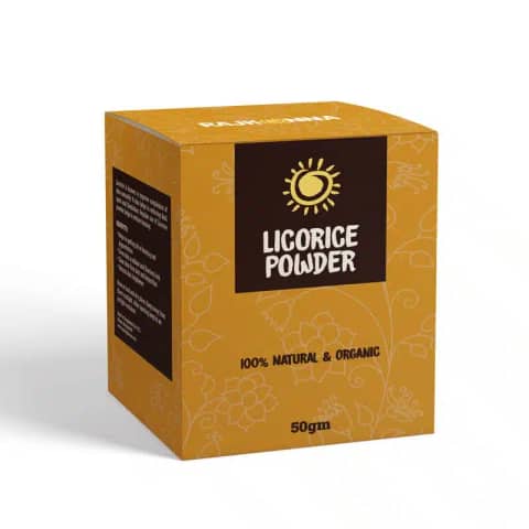 Rajkonna 50gm Licorice Powder in clear plastic jar with white lid and label.