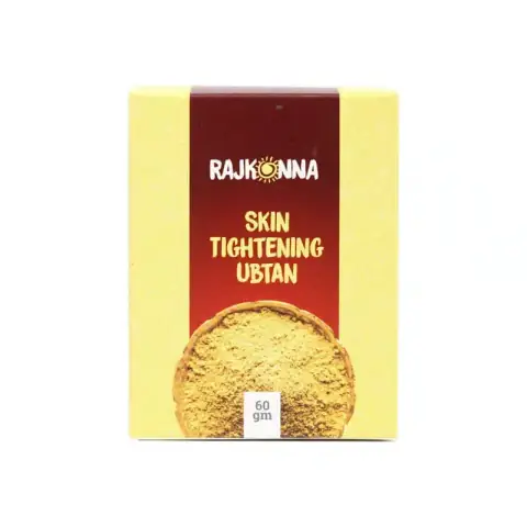 Front view of Rajkonna Skin Tightening Ubtan Powder in a golden-yellow sachet, 60gm.