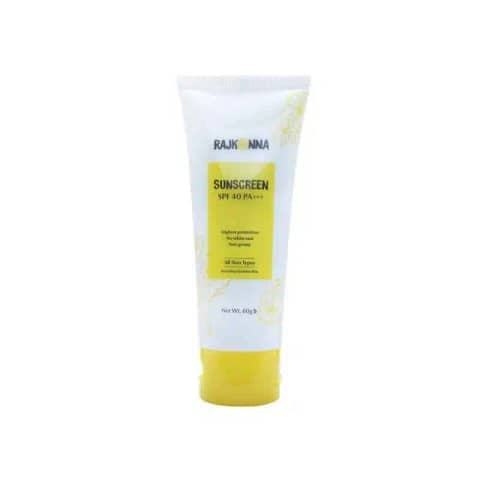 White Rajkonna Sunscreen SPF 40 PA+++ tube with blue cap and pink accents, standing upright.