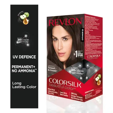 Revlon Colorsilk Brown Black 2N permanent hair color kit box, displaying woman with dark hair.