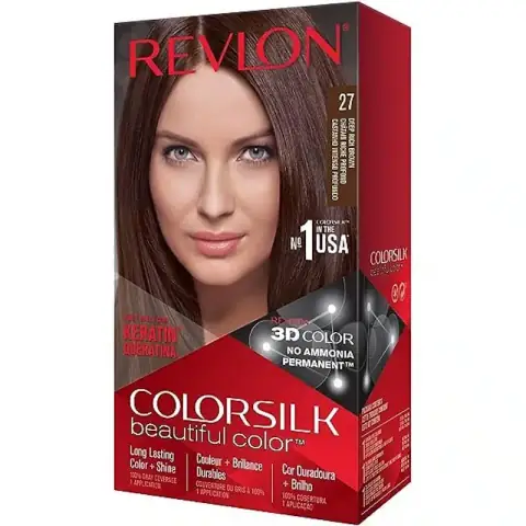 Front view of Revlon Colorsilk Dark Golden Brown 3G hair color box with woman model.