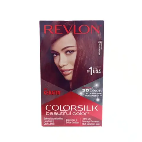 Revlon Colorsilk 4RB Medium Reddish Brown permanent hair color kit box, front view.