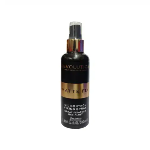 Revolution Oil Control Fixing Spray, 100ml matte black bottle with elegant rose gold accents and cap.