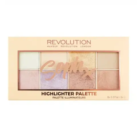 Revolution Soph X Highlighter Palette, sleek silver closed case, displaying brand text clearly.