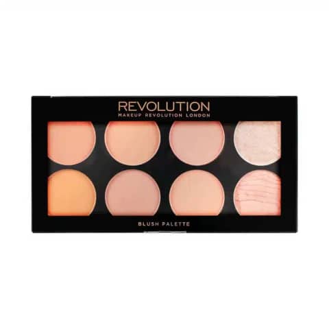Revolution Hot Spice blush palette open, revealing eight warm, shimmery, and matte blush shades.