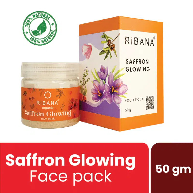 Ribana Saffron Glowing Face Pack 50gm jar, front view, golden with brown lid, clear label.