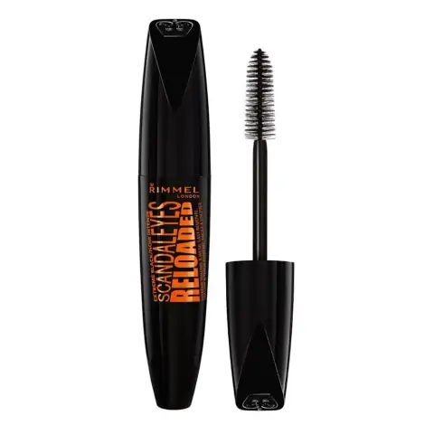 Rimmel London Scandaleyes Reloaded Extreme Black mascara tube with silver cap, showing full packaging.